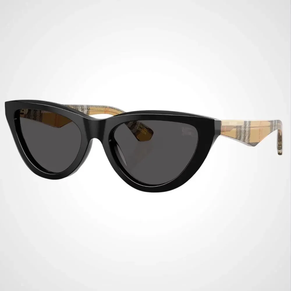 New Burberry Sunglasses Black Front Cat Eye Frame Checkered Arms Gray Lens